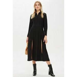 TOPSHOP Black Dress Pleated Midi  Button Down Casual Long Sleeve SZ 4 NEW
